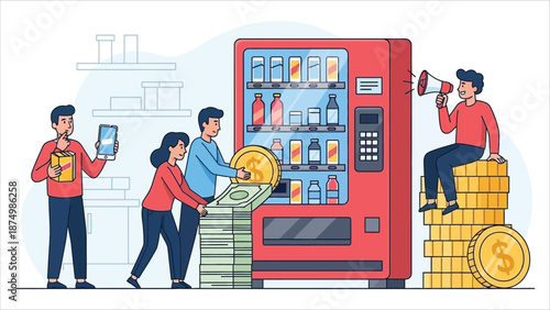 People Spending Money at a Vending Machine Business Concept Illustration.eps