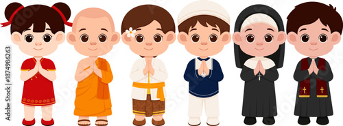 Children in Traditional Religious Attire Greeting