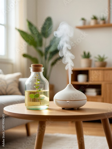 Essential oil diffuser and herbal extract on wooden table in modern living room
