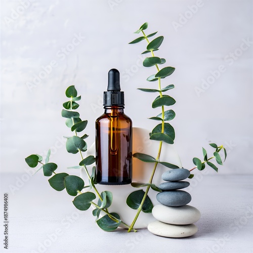 Elegant essential oil bottle with eucalyptus and stones on white background