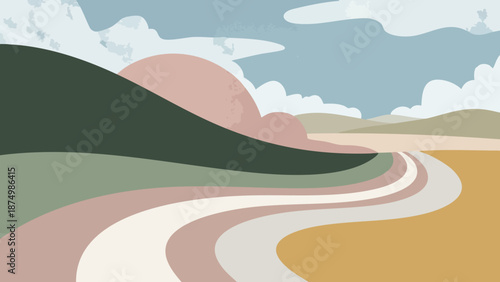 A winding road through hills and cloudy sky landscape