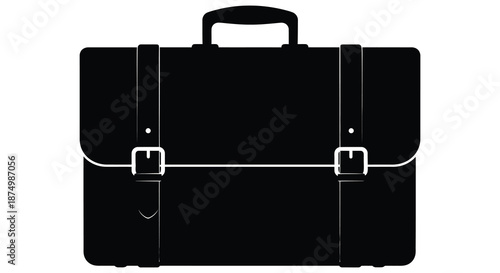 A classic black leather briefcase with straps and buckles depicted as a striking silhouette
