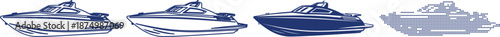 Motorboat vector set including outline solid and halftone versions