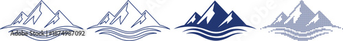 Mountain peaks and water waves icon set in various graphic styles