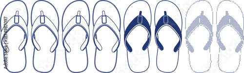 Summer flip flops footwear set with various blue outline versions