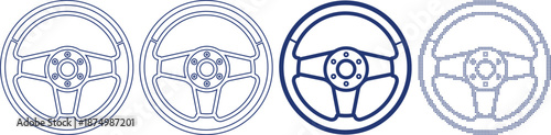 Racing car steering wheel in four different line art and dot styles isolated