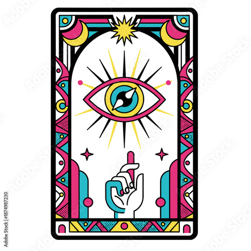 Mystical tarot card illustration with all seeing eye sun and moon symbols on a decorative celestial border for occult esoteric divination spiritual guidance and magic branding