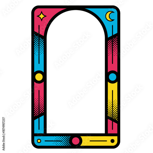 Mystical tarot card frame template with celestial moon and star icons in a vibrant flat design style for esoteric borders occult stationery spiritual divination and magic branding