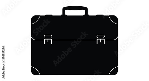 A classic black leather briefcase design is prominently displayed in a stark silhouette