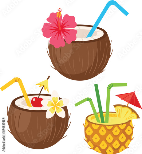 Tropical coconut and pineapple cocktail drinks vector illustration set with flowers straws umbrellas and summer garnish