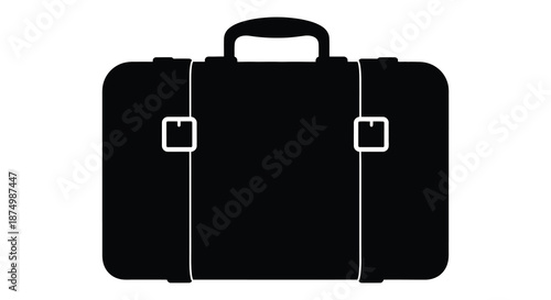 A classic black suitcase with two buckles and a handle presented as a silhouette