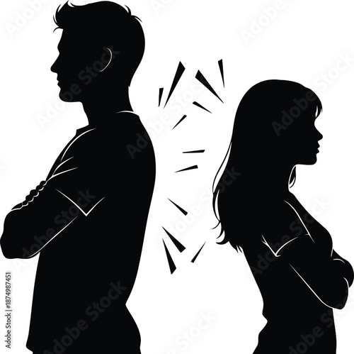 Black silhouettes of angry couple standing back to back in disagreement with explosive lines