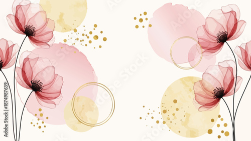 Delicate pink flowers and gold accents on white background