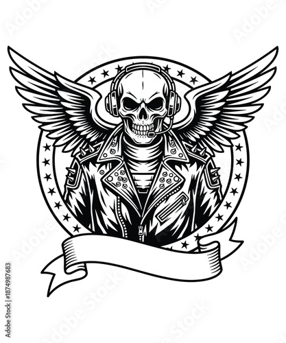 Biker Skull Wings vector illustration