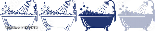 Bathtub shower with bubbles icons set in four different design style