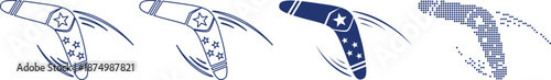 Boomerang throwing weapon icons set featuring motion effect and star