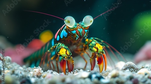 A giant moray eel and anemone fish dwell among coral while a red crustacean with a sharp claw rests underwater in the marine nature of a deep blue ocean aquarium