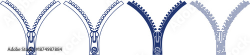 Zipper set open and closed detailed styles on transparent background