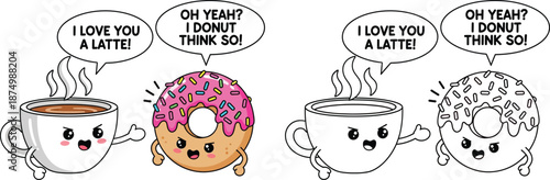 Funny Coffee and Donut Pun I Love You a Latte vs I Donut Think So Comical Food Interaction