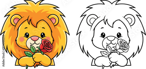 Cute Cartoon Lion Holding a Rose Adorable King of the Jungle for Love and Romantic Gestures