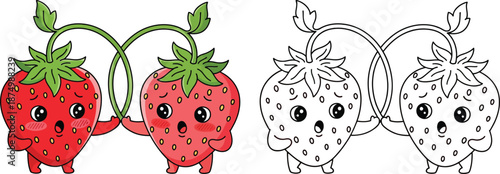 Cute Strawberry Couple Linked by Vine Adorable Cartoon for Food Love and Kids Coloring