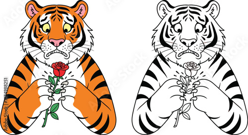Sad Cartoon Tiger Holding a Rose Expressive Animal for Love Loss or Poignant Valentines Themes