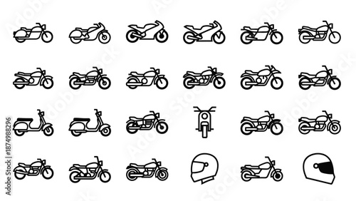Collection of Motorcycles and Helmets in Black Line Art.
