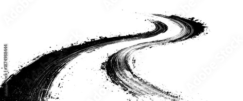 Vector white tire tracks and curved black tire tracks on road white background