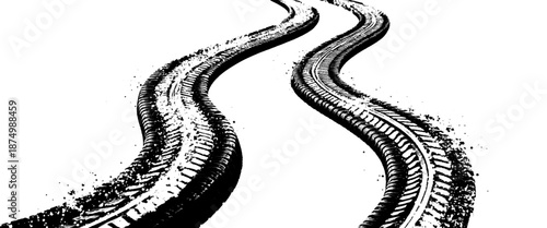 Vector white tire tracks and curved black tire tracks on road white background