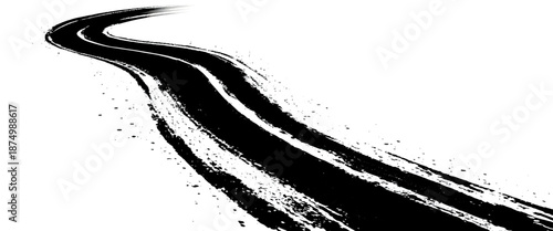 Vector white tire tracks and curved black tire tracks on road white background