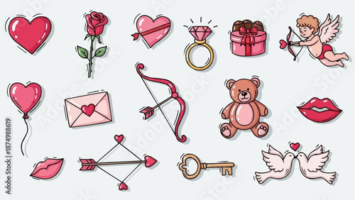 Valentines Day Icons Collection Romantic Symbols Love Elements.