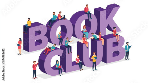 Vector illustration logo concept of a book club with people reading together. Perfect for landing pages, websites, mobile applications, banners, posters, flyers, and background use.