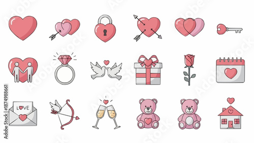 Valentines Day Icons Collection Romantic Symbols Love Theme.