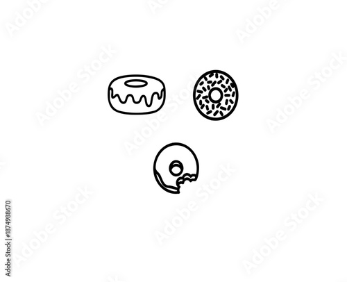 Donut and doughnut line art icons set with sprinkles and bite mark outlines