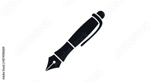 A sleek black fountain pen design is prominently displayed as a striking silhouette