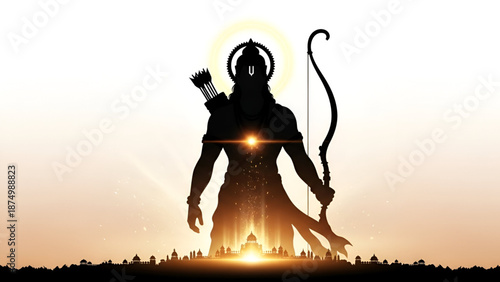 Ram Navami divine silhouette of Lord Rama with bow rising above Ayodhya city symbolizing Hindu devotion faith spiritual power and Ramayana legacy