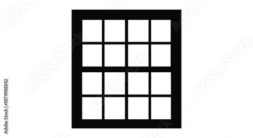 A stark black rectangular frame containing a grid of nine white squares a bold silhouette