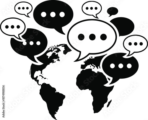 Black and white illustration of speech bubbles over a world map.