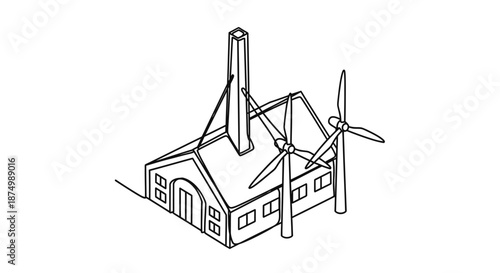 This clean isometric line illustration showcases a factory building with a prominent chimney and two wind turbines, symbolizing the vital integration of green energy in modern industry.