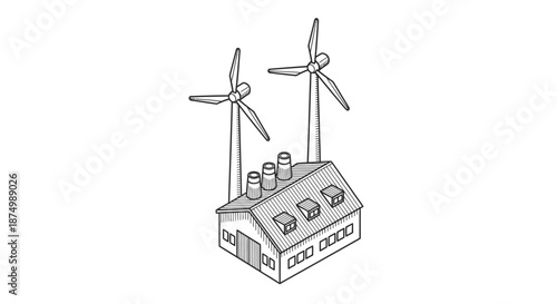 This isometric line art illustration features a factory building powered by two wind turbines, highlighting sustainable industrial practices and renewable energy.