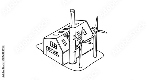 This clean line art illustration showcases an industrial building alongside two modern wind turbines, representing the integration of sustainable energy into manufacturing processes.
