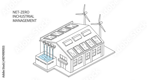 A line illustration depicts a net-zero industrial facility, integrating solar panels, wind turbines, and water recycling for sustainable resource management.