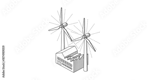 An isometric line drawing illustrates a factory building powered by two large wind turbines, symbolizing clean energy and sustainable industrial practices.