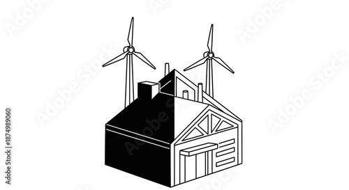 A graphic illustration showcasing a building split between a home and factory, with wind turbines, symbolizing the integration of sustainable energy.