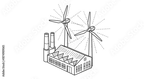 This clean isometric line drawing illustrates a factory building powered by two prominent wind turbines, symbolizing sustainable energy and environmentally friendly industry.