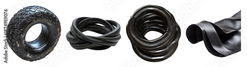 Collection of Black Rubber Materials: Tire, Twisted Bands, and Sheet, PNG bundle collection, Isolated on Transparent Background