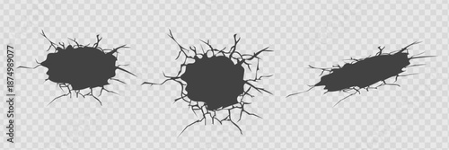 Set of vector cracks isolated on transparent background.