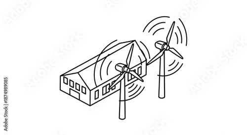 A minimalist isometric line art illustration showcasing a modern house powered by two wind turbines, emphasizing renewable energy, sustainability, and eco-friendly technology.