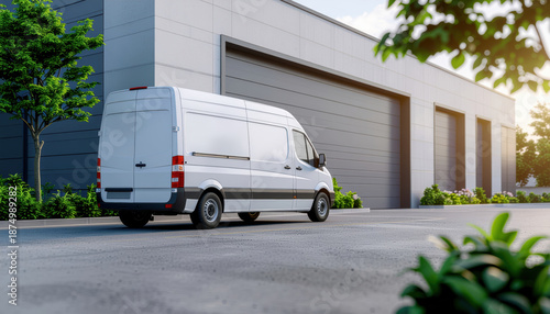 Eco friendly delivery van parked modern warehouse exterior sunny day efficient logistics service urban transport clean energy vehicle quiet street