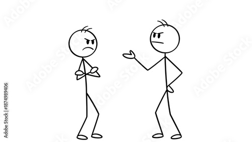 Two Stick Figures Arguing, One Showing Anger with Crossed Arms, the Other Explaining, Isolated White Background